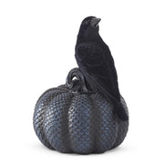 9.75 Inch Black & Metallic Resin Pumpkin w/Velvet Flocked Crow