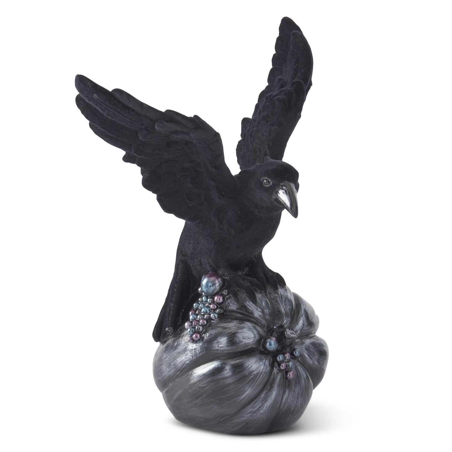 Black Velvet Flocked Crow on Resin Pumpkin w/Metallic Bubble