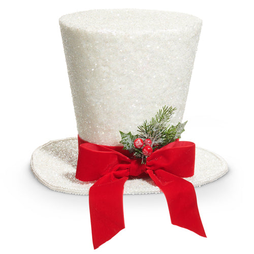 White Glitter Top Hat with Red Bow - 10.5"