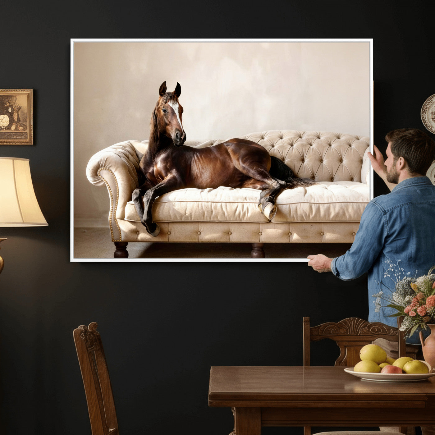 Funny Horse on Sofa Canvas Wall Art, Quirky Horse Lounging Photo Print, Whimsical Animal Decor, Living Room Conversation Art, Horse Lover Gift