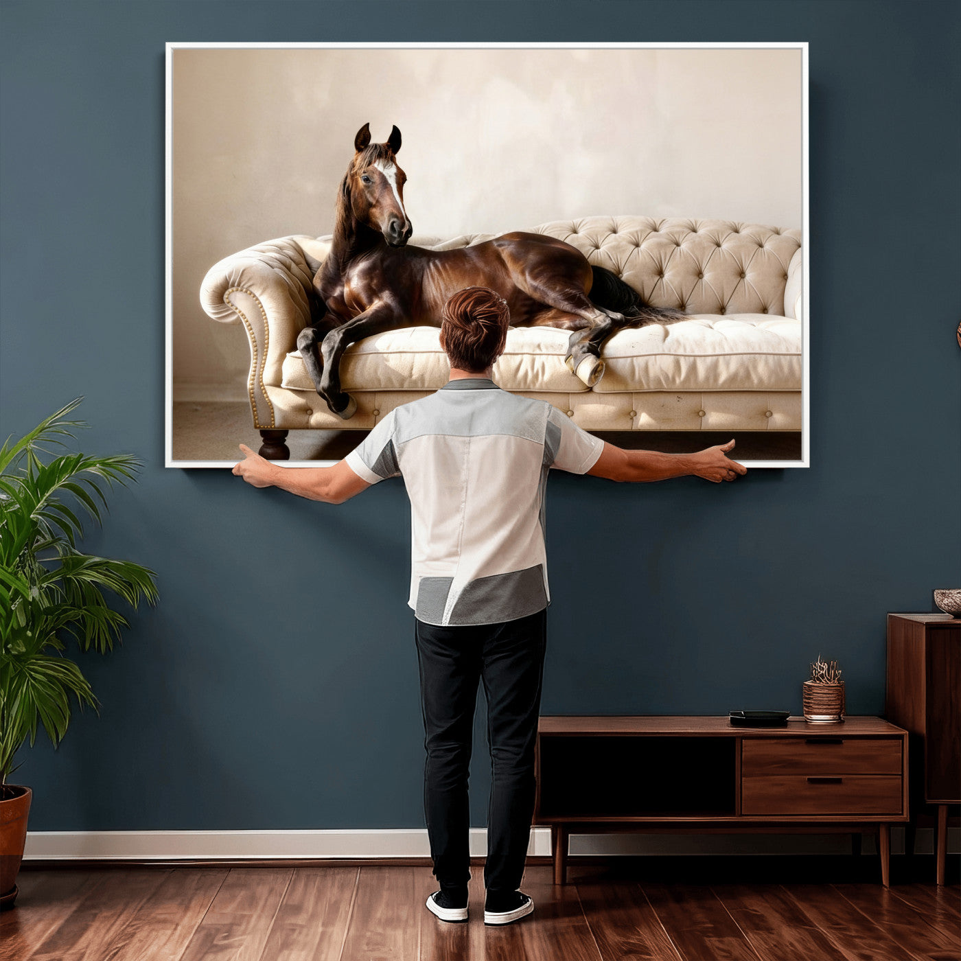 Funny Horse on Sofa Canvas Wall Art, Quirky Horse Lounging Photo Print, Whimsical Animal Decor, Living Room Conversation Art, Horse Lover Gift