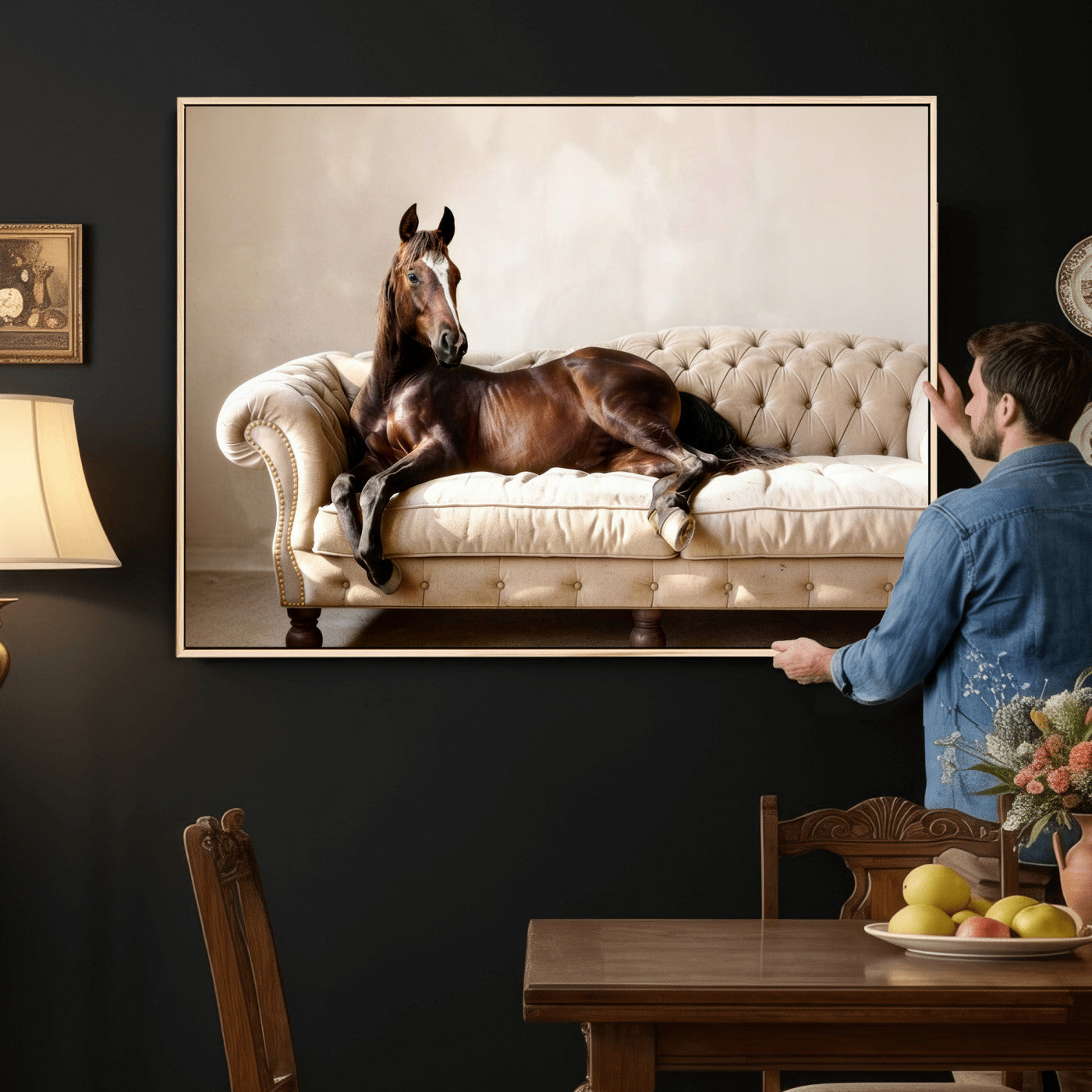 Funny Horse on Sofa Canvas Wall Art, Quirky Horse Lounging Photo Print, Whimsical Animal Decor, Living Room Conversation Art, Horse Lover Gift