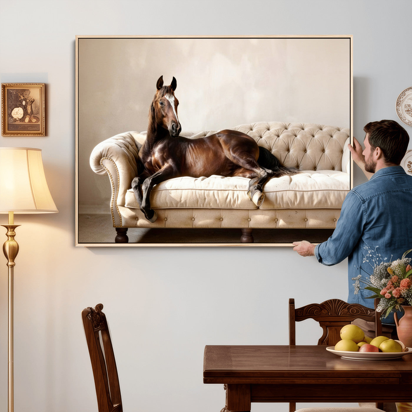 Funny Horse on Sofa Canvas Wall Art, Quirky Horse Lounging Photo Print, Whimsical Animal Decor, Living Room Conversation Art, Horse Lover Gift