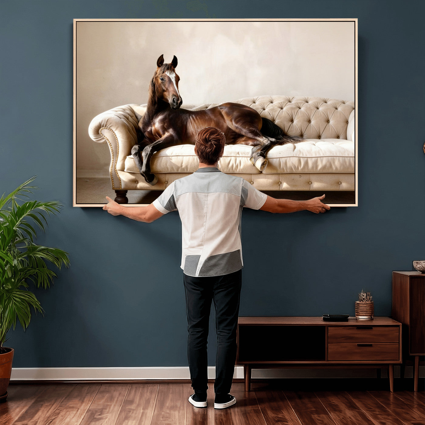 Funny Horse on Sofa Canvas Wall Art, Quirky Horse Lounging Photo Print, Whimsical Animal Decor, Living Room Conversation Art, Horse Lover Gift