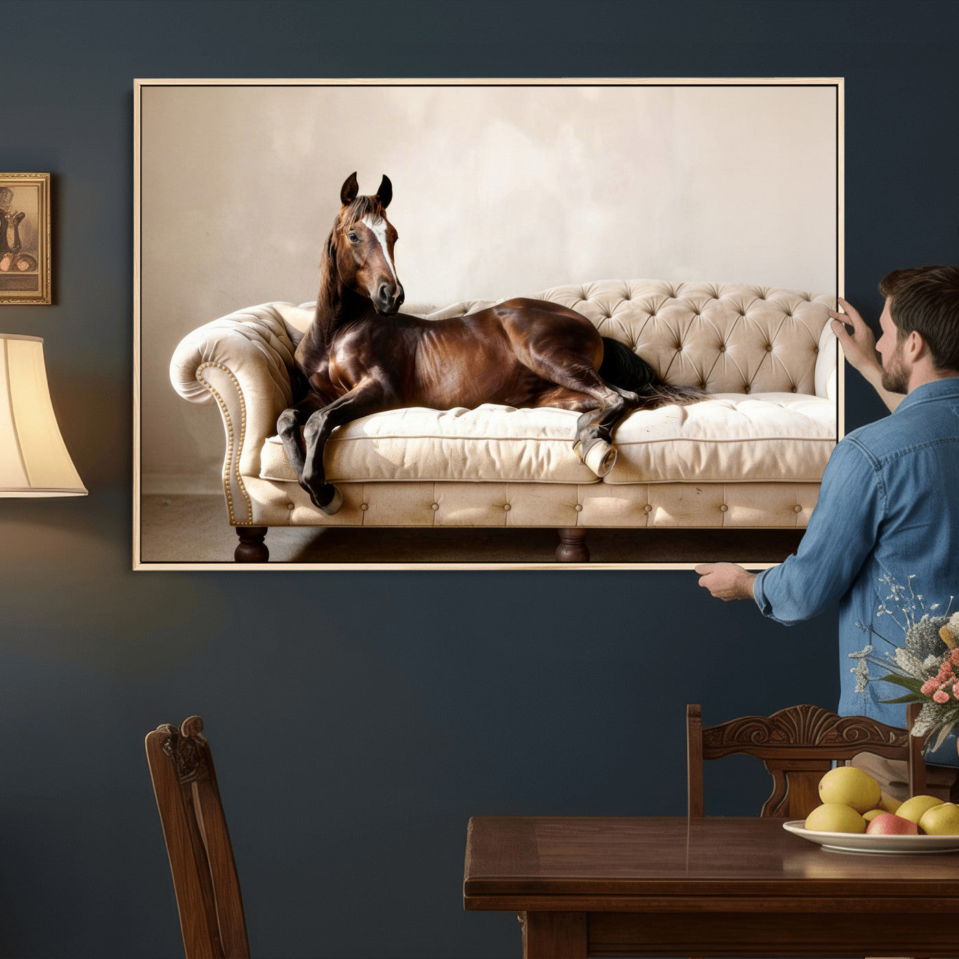 Funny Horse on Sofa Canvas Wall Art, Quirky Horse Lounging Photo Print, Whimsical Animal Decor, Living Room Conversation Art, Horse Lover Gift