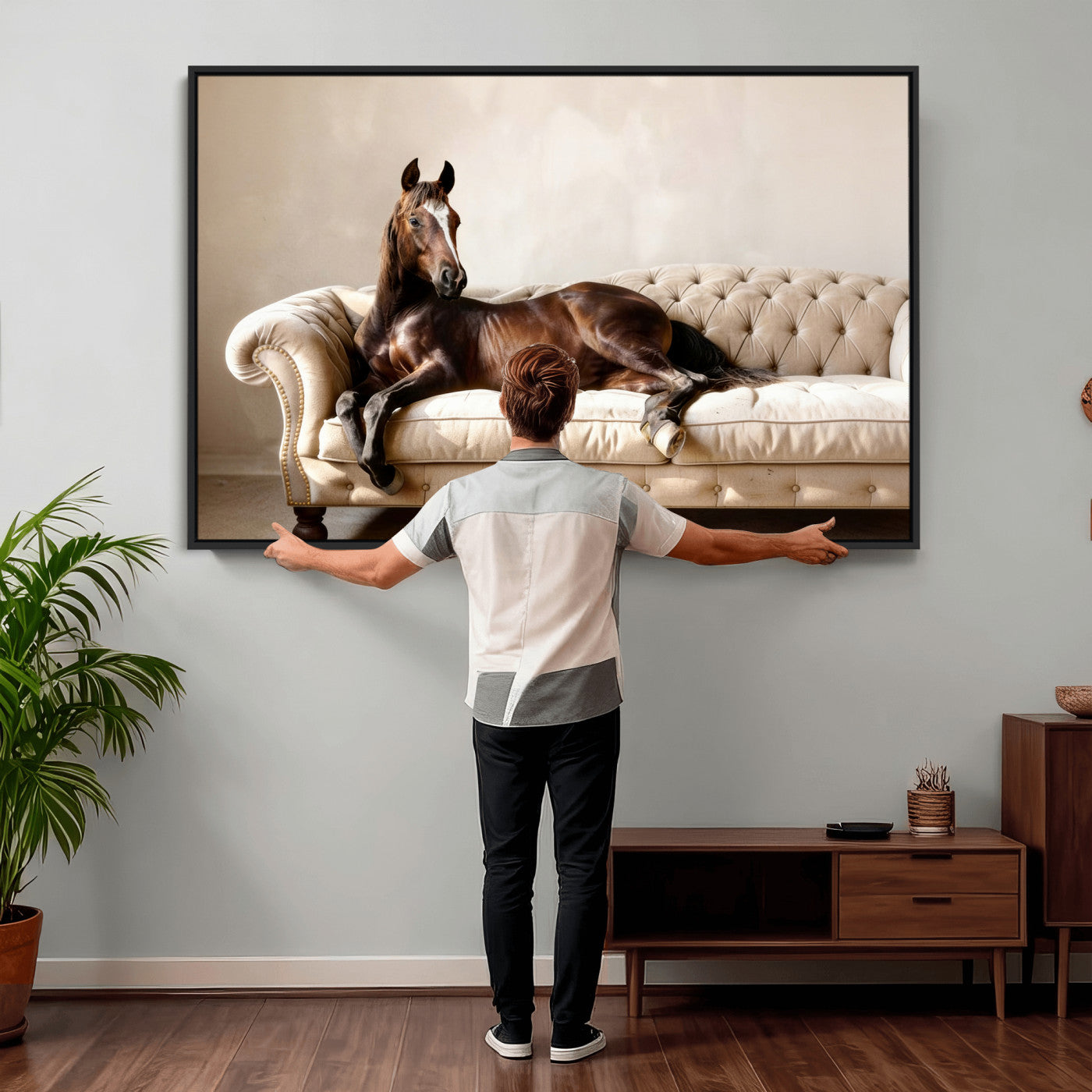 Funny Horse on Sofa Canvas Wall Art, Quirky Horse Lounging Photo Print, Whimsical Animal Decor, Living Room Conversation Art, Horse Lover Gift