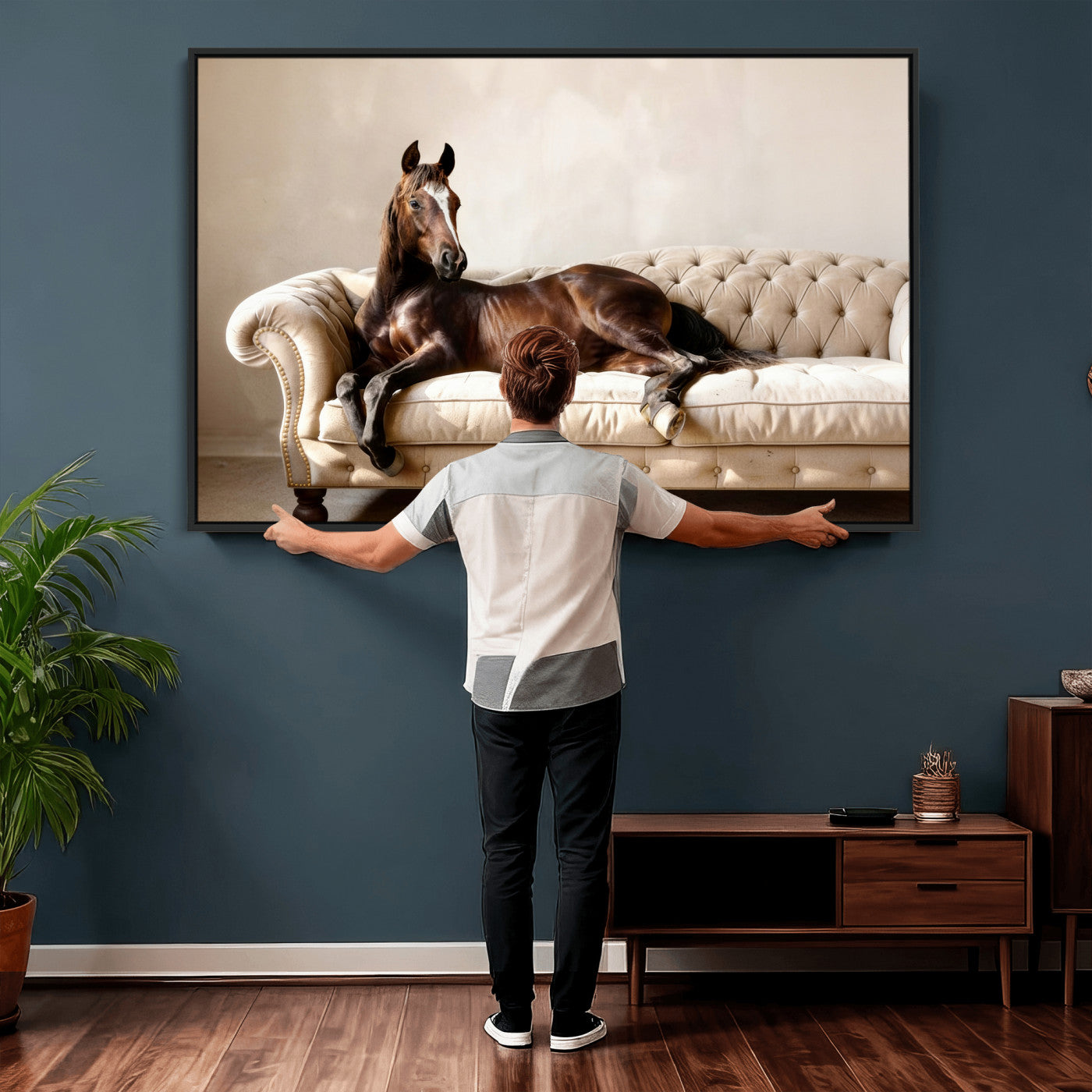 Funny Horse on Sofa Canvas Wall Art, Quirky Horse Lounging Photo Print, Whimsical Animal Decor, Living Room Conversation Art, Horse Lover Gift