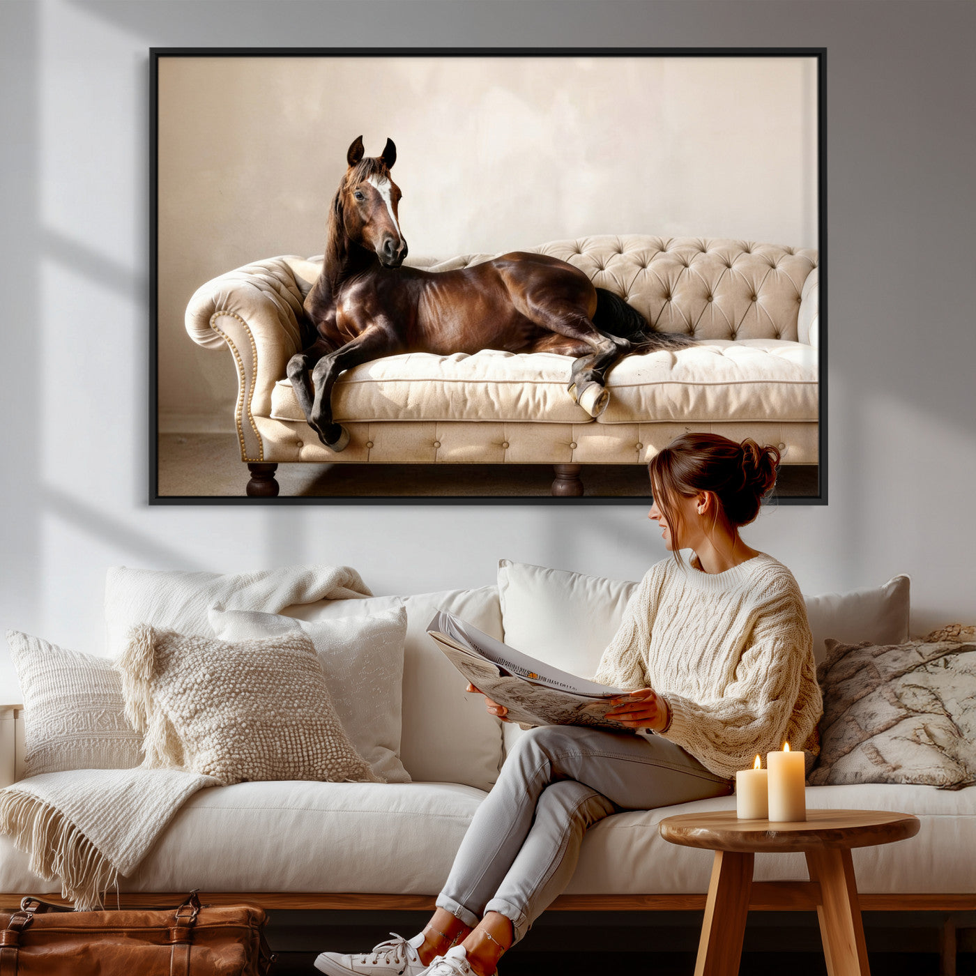 Funny Horse on Sofa Canvas Wall Art, Quirky Horse Lounging Photo Print, Whimsical Animal Decor, Living Room Conversation Art, Horse Lover Gift