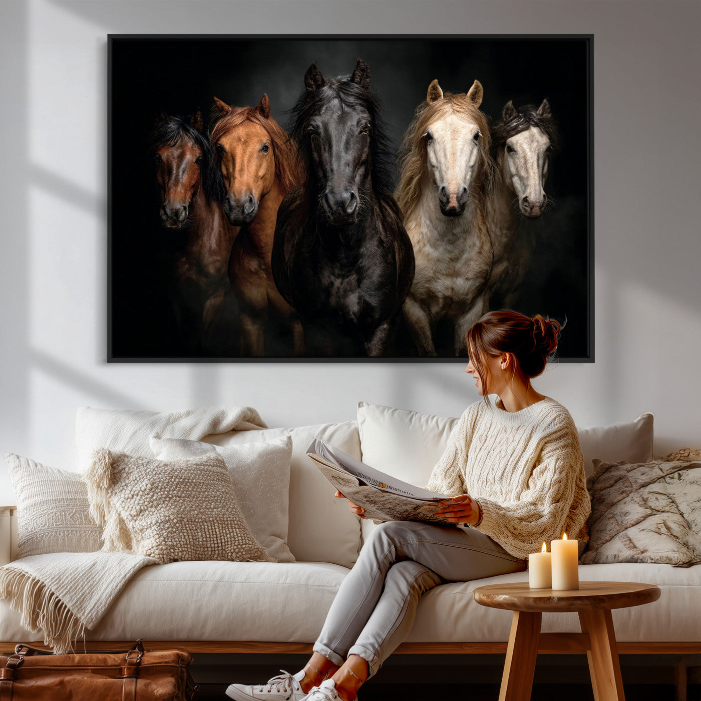 Horse Wall Art Canvas Print, Wild Horses Portrait Photography, Dramatic Equestrian Decor, Black Brown White Horse Herd, Rustic Ranch Art