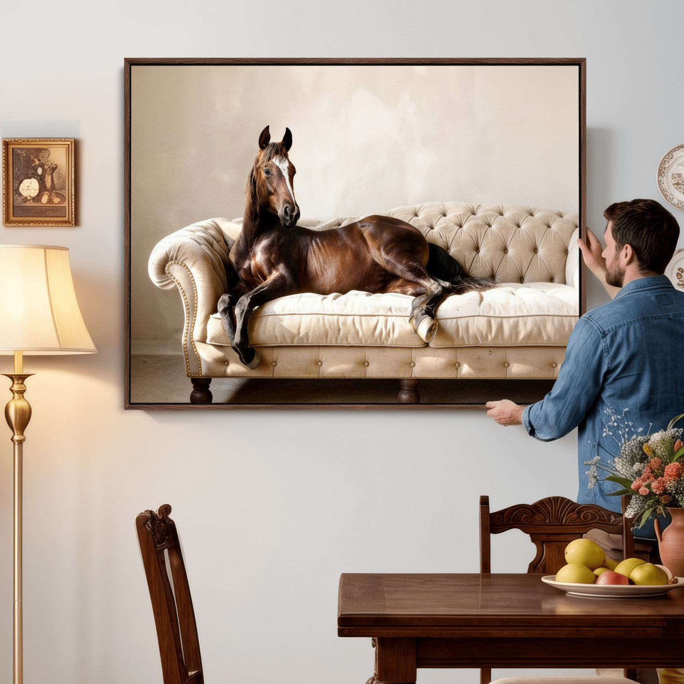 Funny Horse on Sofa Canvas Wall Art, Quirky Horse Lounging Photo Print, Whimsical Animal Decor, Living Room Conversation Art, Horse Lover Gift
