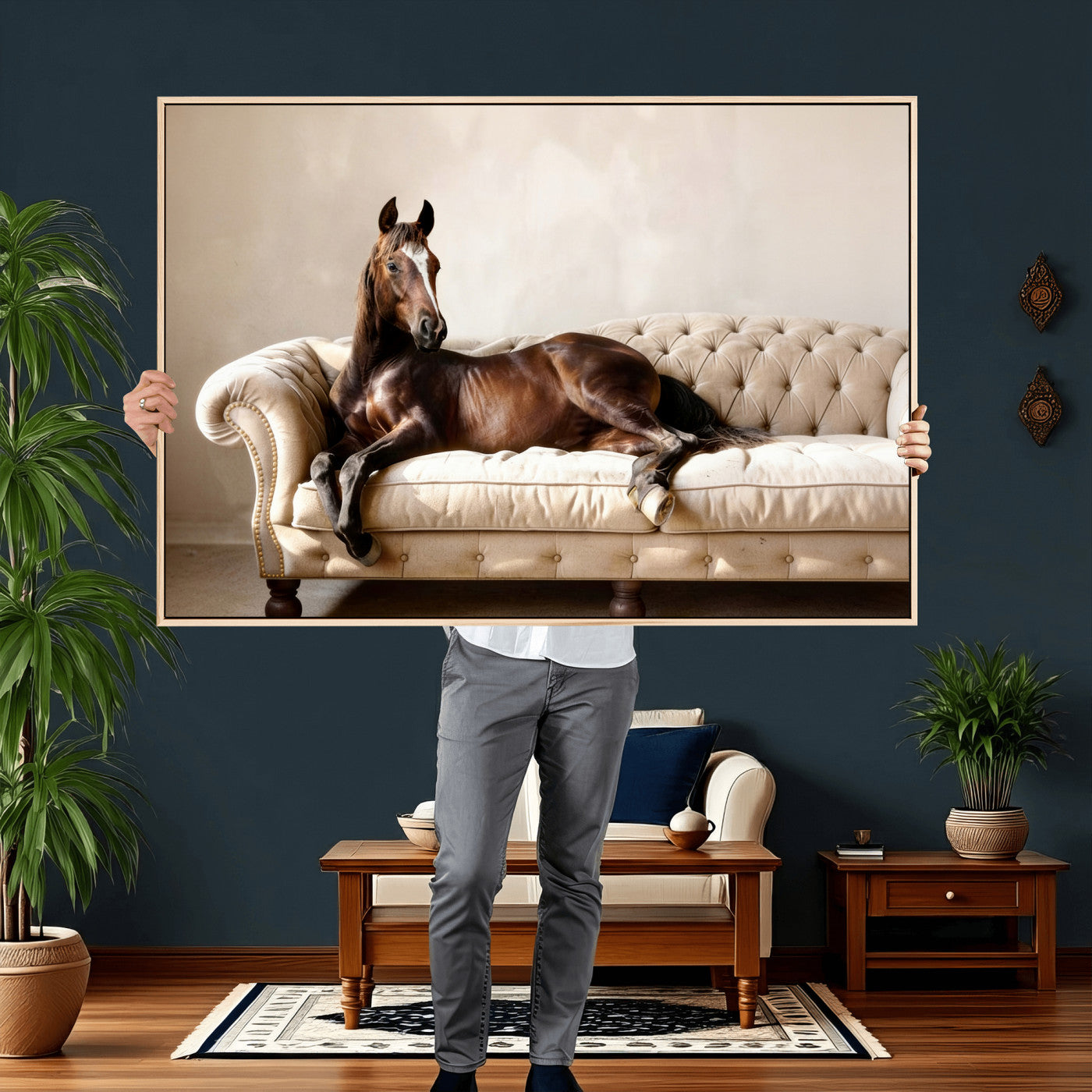 Funny Horse on Sofa Canvas Wall Art, Quirky Horse Lounging Photo Print, Whimsical Animal Decor, Living Room Conversation Art, Horse Lover Gift
