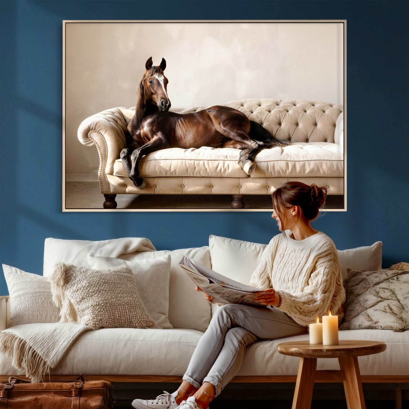 Funny Horse on Sofa Canvas Wall Art, Quirky Horse Lounging Photo Print, Whimsical Animal Decor, Living Room Conversation Art, Horse Lover Gift