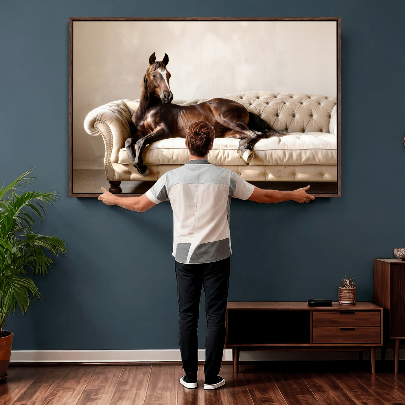 Funny Horse on Sofa Canvas Wall Art, Quirky Horse Lounging Photo Print, Whimsical Animal Decor, Living Room Conversation Art, Horse Lover Gift