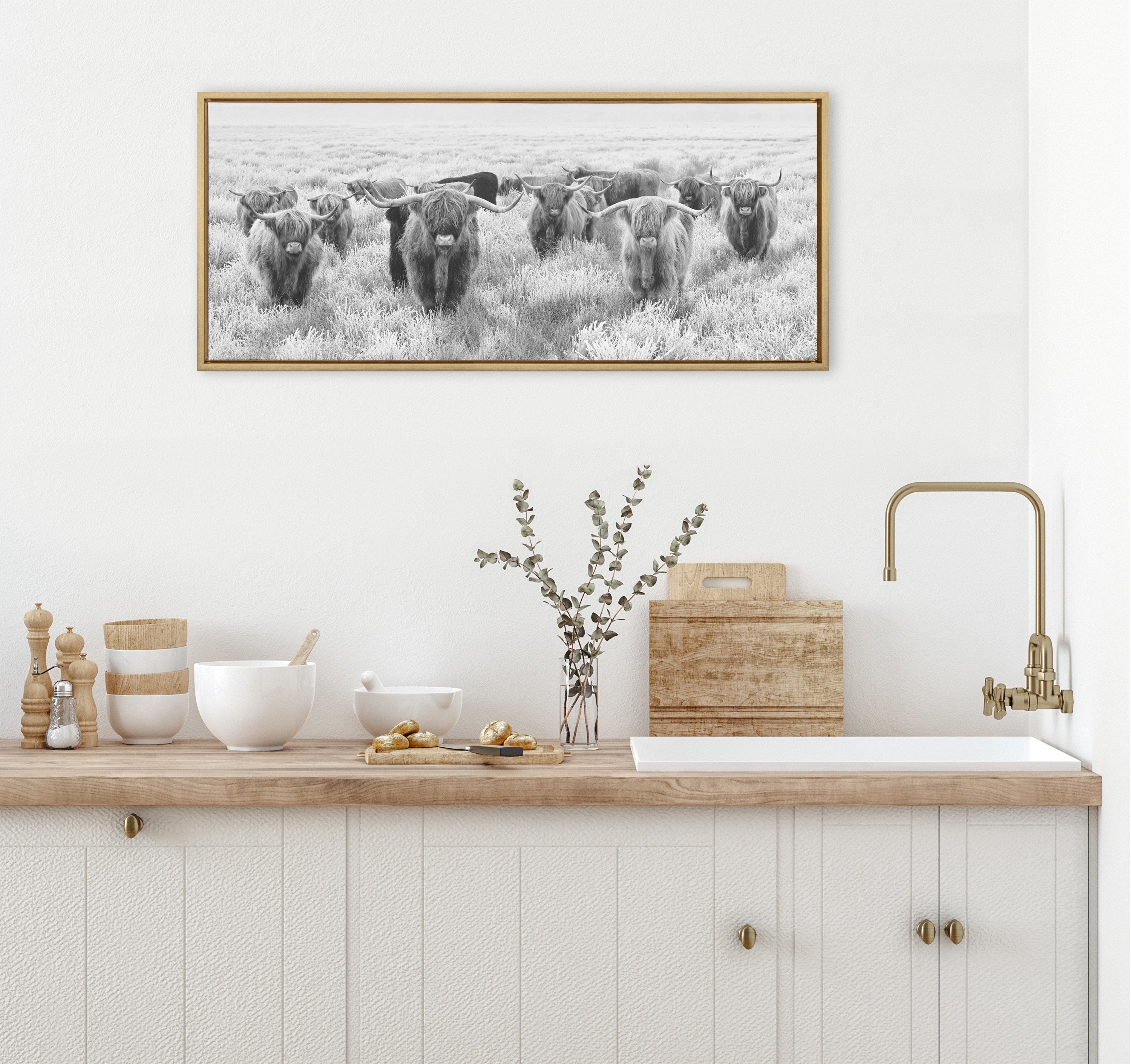 Sylvie Herd of Highland Cows Black and White Framed Canvas by The Creative Bunch Studio