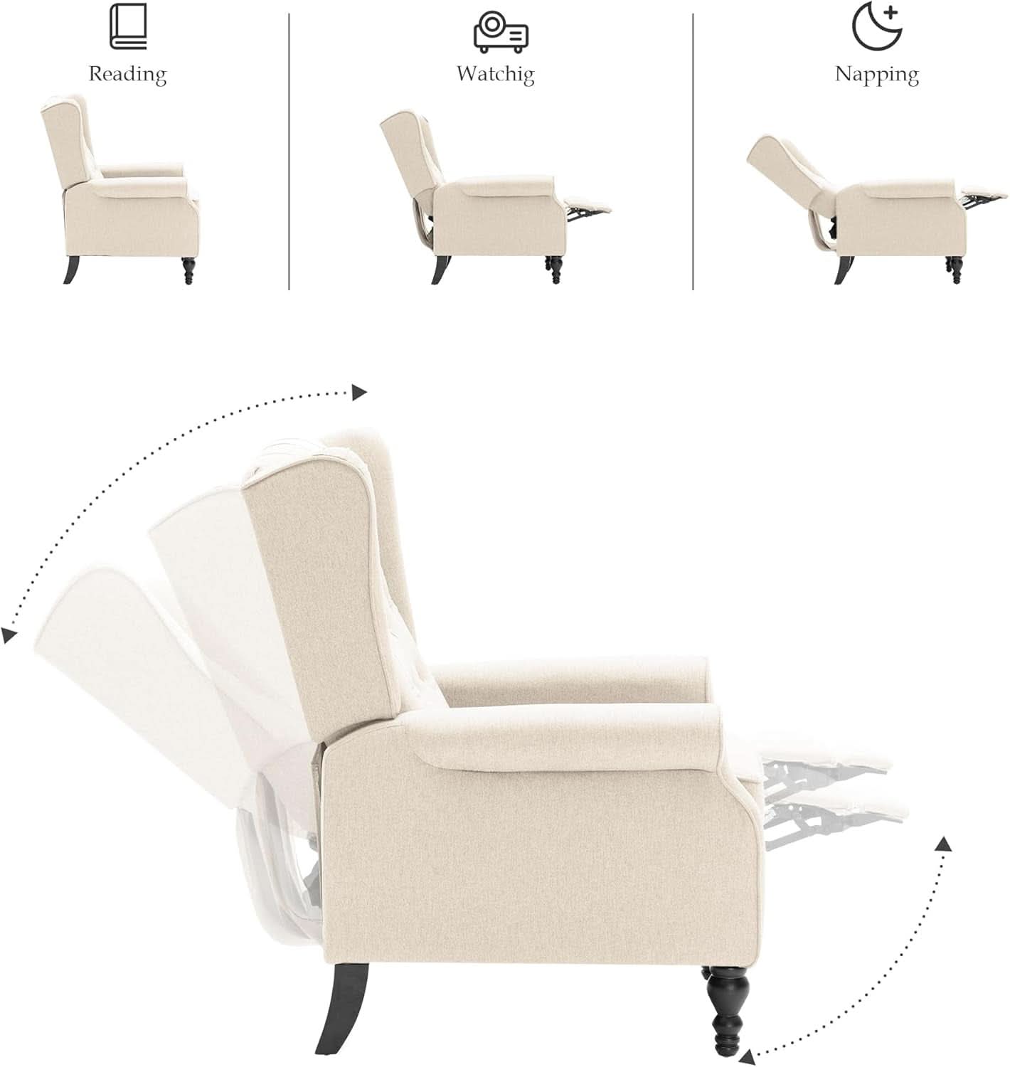 Beige Mid Century Wingback Recliner Chair With Upholstered Fabric