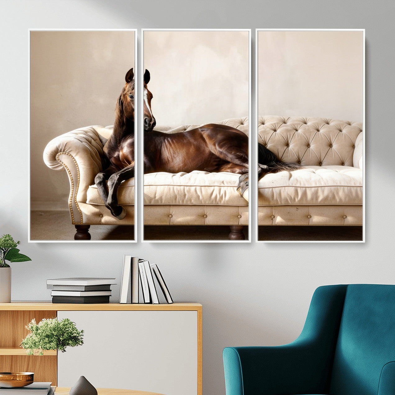 Funny Horse on Sofa Canvas Wall Art, Quirky Horse Lounging Photo Print, Whimsical Animal Decor, Living Room Conversation Art, Horse Lover Gift