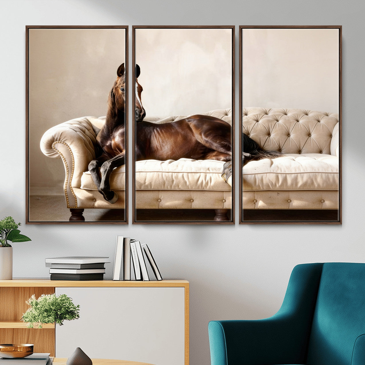 Funny Horse on Sofa Canvas Wall Art, Quirky Horse Lounging Photo Print, Whimsical Animal Decor, Living Room Conversation Art, Horse Lover Gift