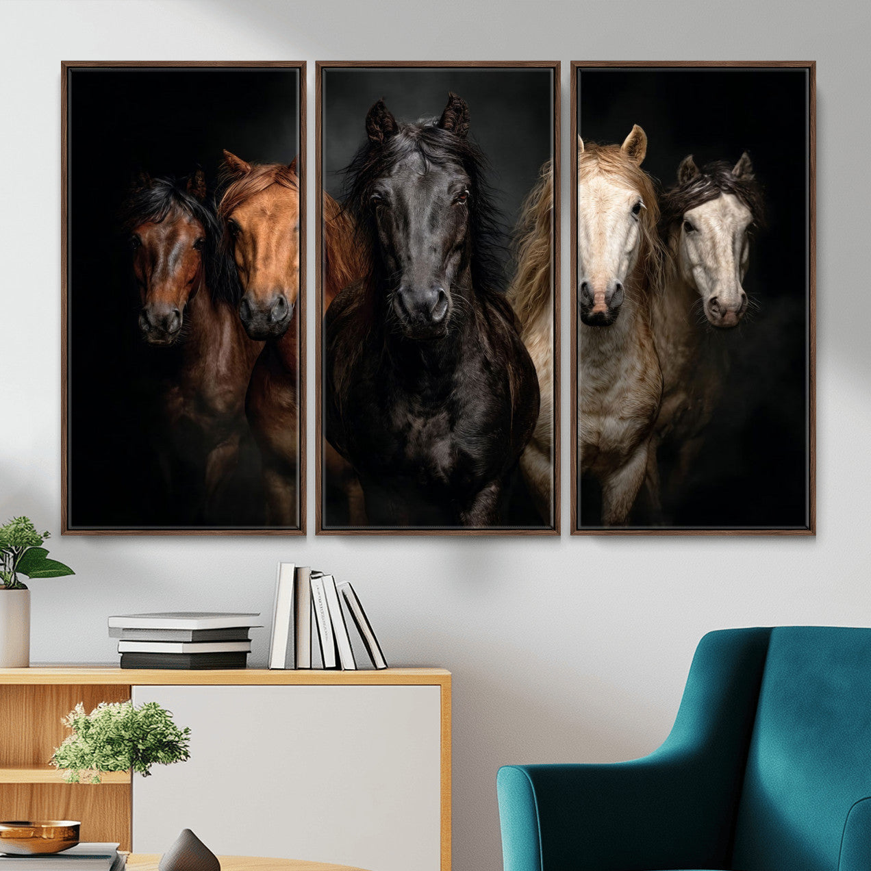 Horse Wall Art Canvas Print, Wild Horses Portrait Photography, Dramatic Equestrian Decor, Black Brown White Horse Herd, Rustic Ranch Art
