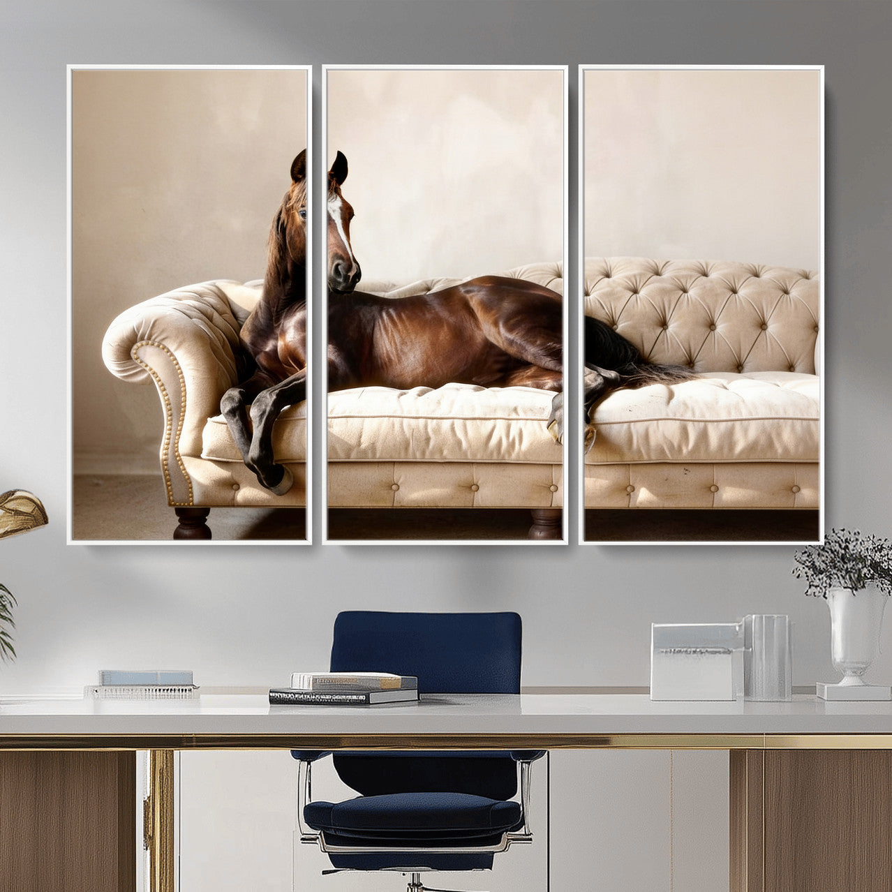 Funny Horse on Sofa Canvas Wall Art, Quirky Horse Lounging Photo Print, Whimsical Animal Decor, Living Room Conversation Art, Horse Lover Gift