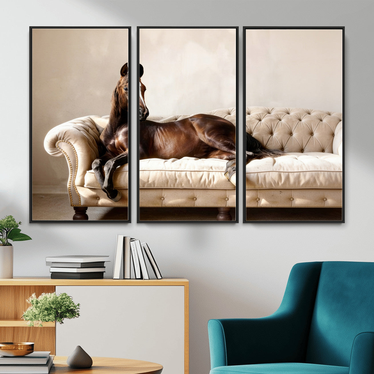 Funny Horse on Sofa Canvas Wall Art, Quirky Horse Lounging Photo Print, Whimsical Animal Decor, Living Room Conversation Art, Horse Lover Gift