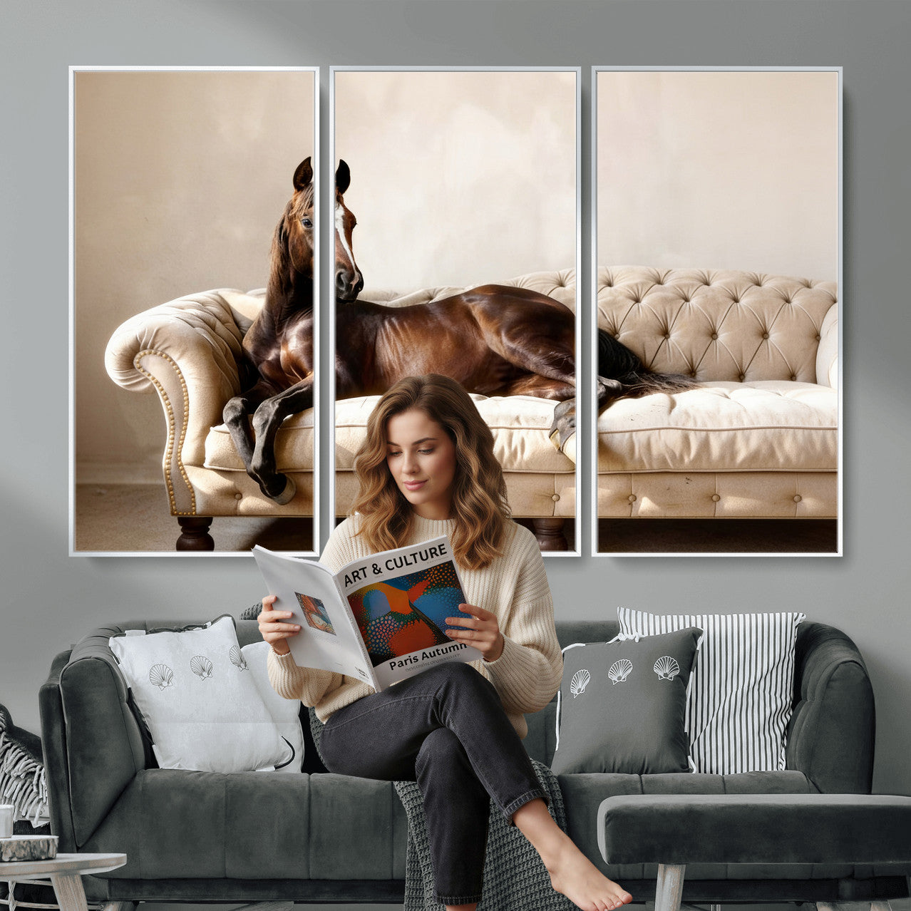 Funny Horse on Sofa Canvas Wall Art, Quirky Horse Lounging Photo Print, Whimsical Animal Decor, Living Room Conversation Art, Horse Lover Gift