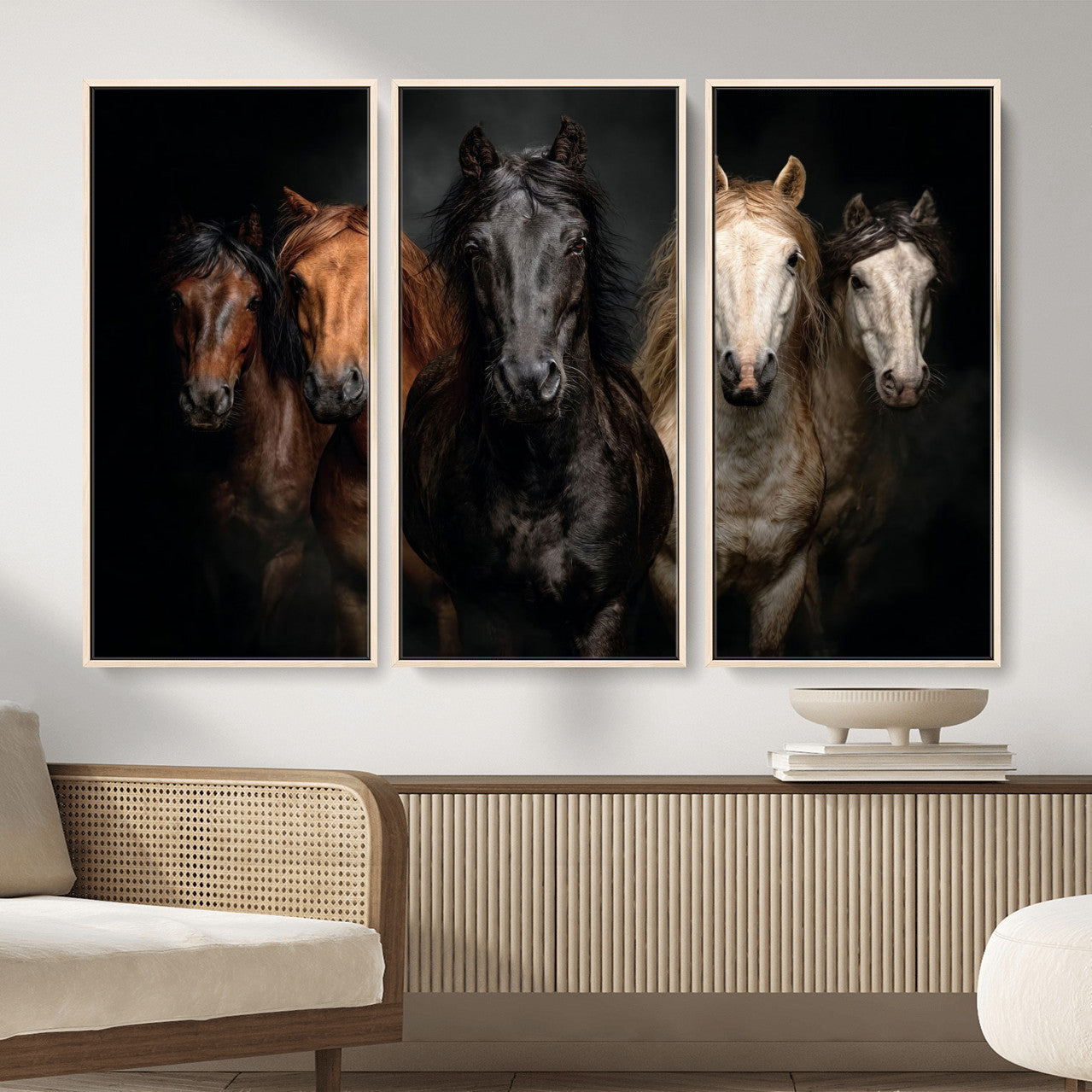 Horse Wall Art Canvas Print, Wild Horses Portrait Photography, Dramatic Equestrian Decor, Black Brown White Horse Herd, Rustic Ranch Art