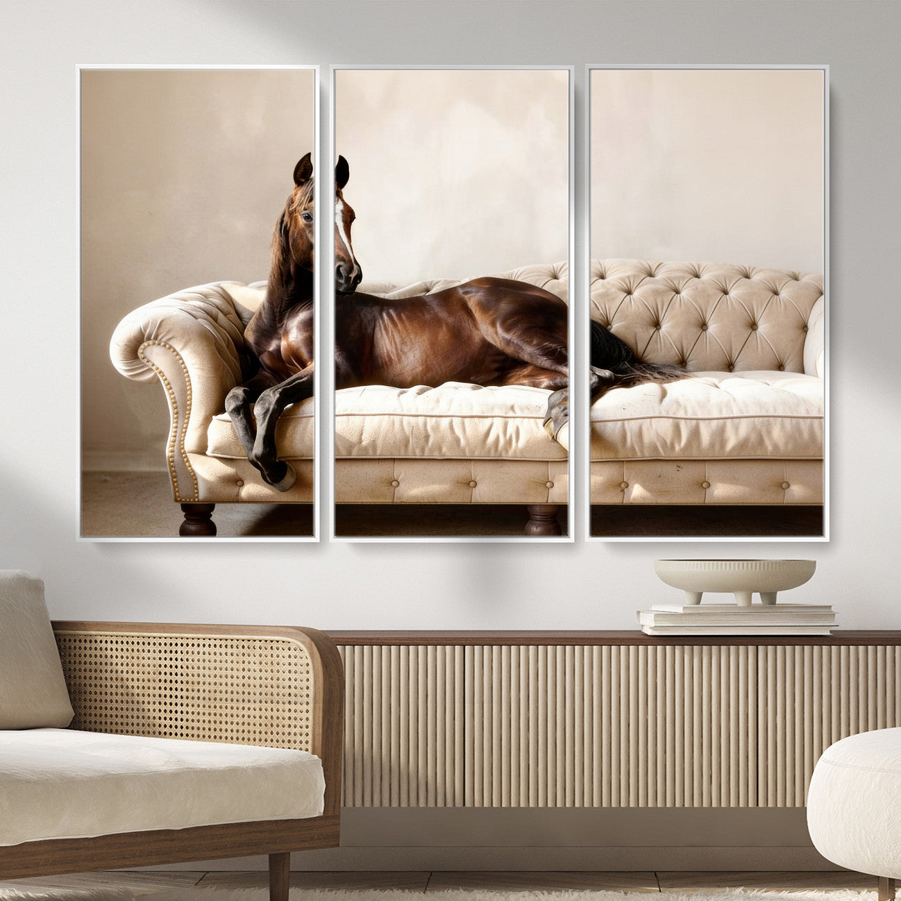 Funny Horse on Sofa Canvas Wall Art, Quirky Horse Lounging Photo Print, Whimsical Animal Decor, Living Room Conversation Art, Horse Lover Gift