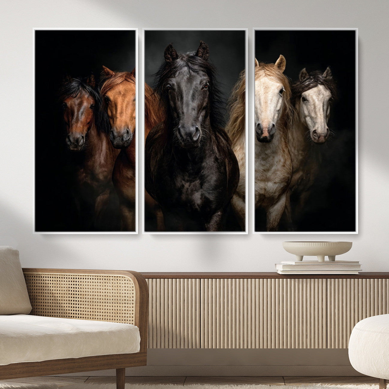 Horse Wall Art Canvas Print, Wild Horses Portrait Photography, Dramatic Equestrian Decor, Black Brown White Horse Herd, Rustic Ranch Art