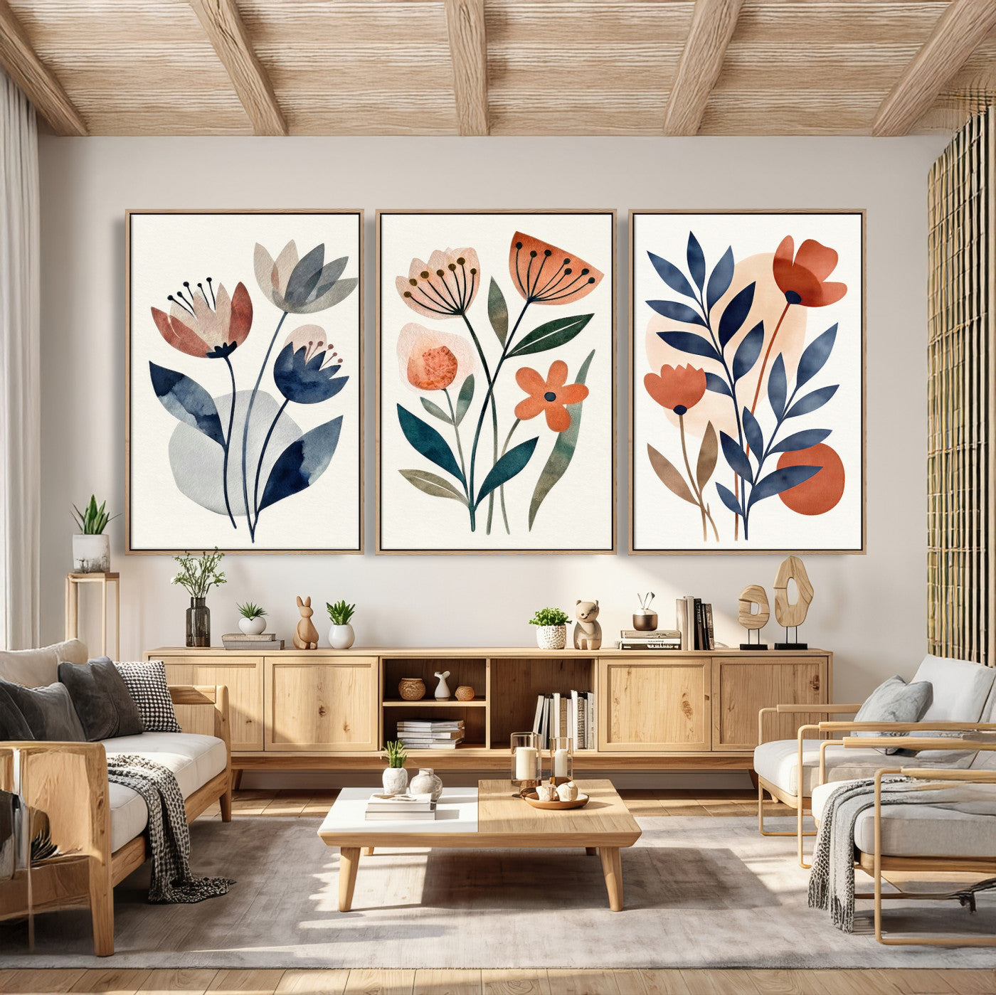 Watercolor Botanical Canvas Wall Art Set, Navy Terracotta
