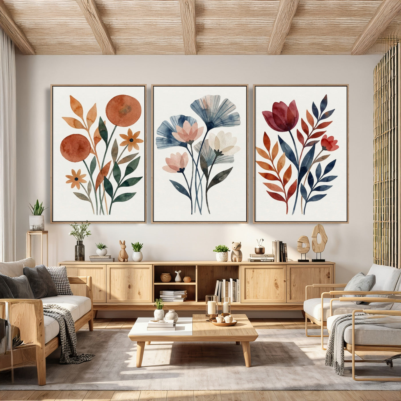 Watercolor Botanical Canvas Wall Art Set, Navy Terracotta