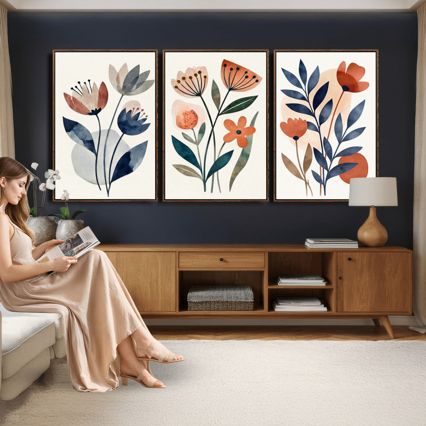 Watercolor Botanical Canvas Wall Art Set, Navy Terracotta