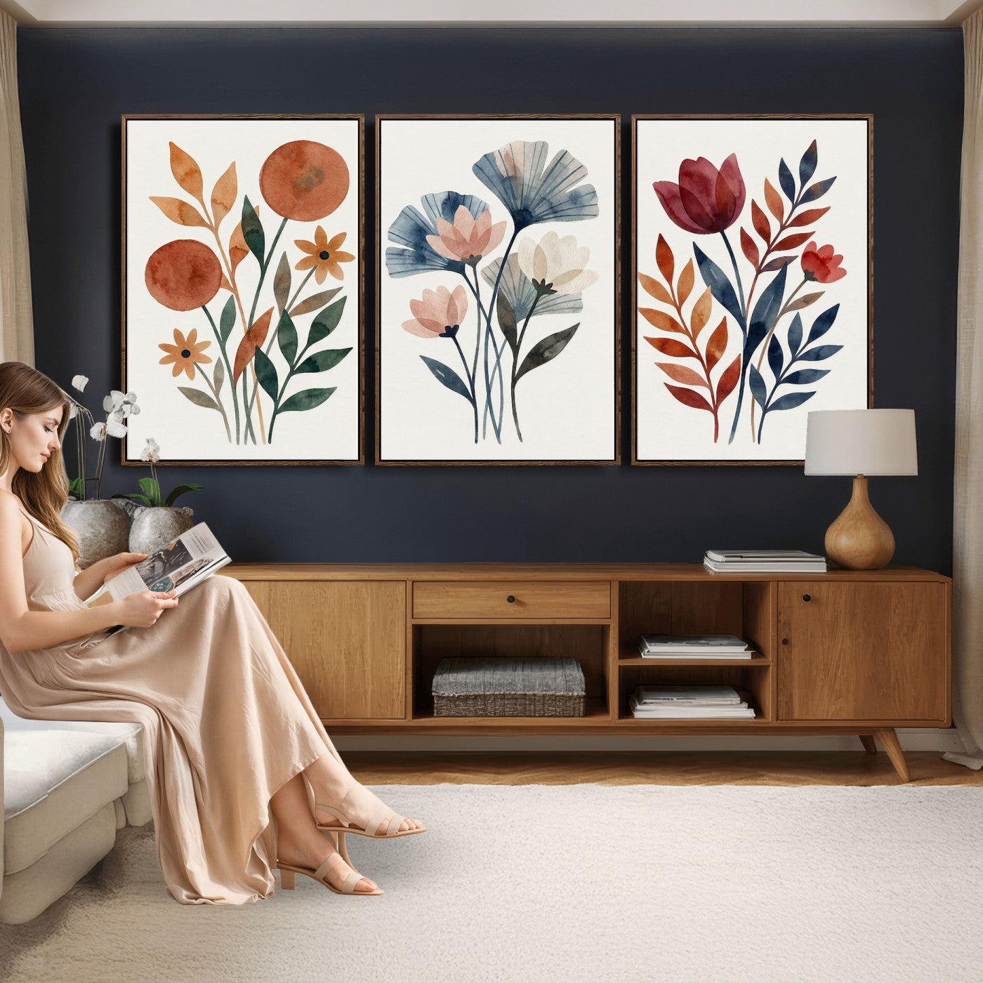 Watercolor Botanical Canvas Wall Art Set, Navy Terracotta