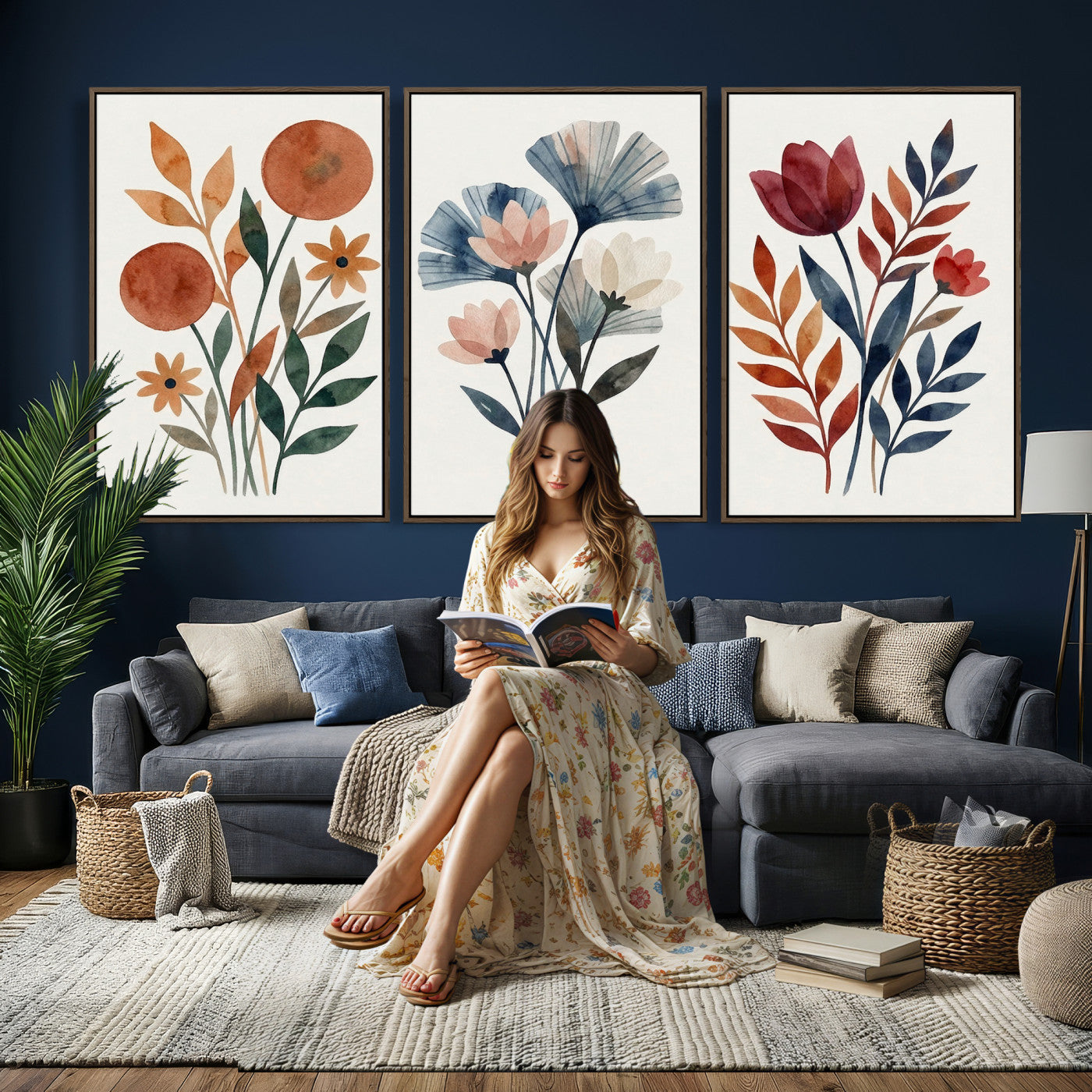 Watercolor Botanical Canvas Wall Art Set, Navy Terracotta