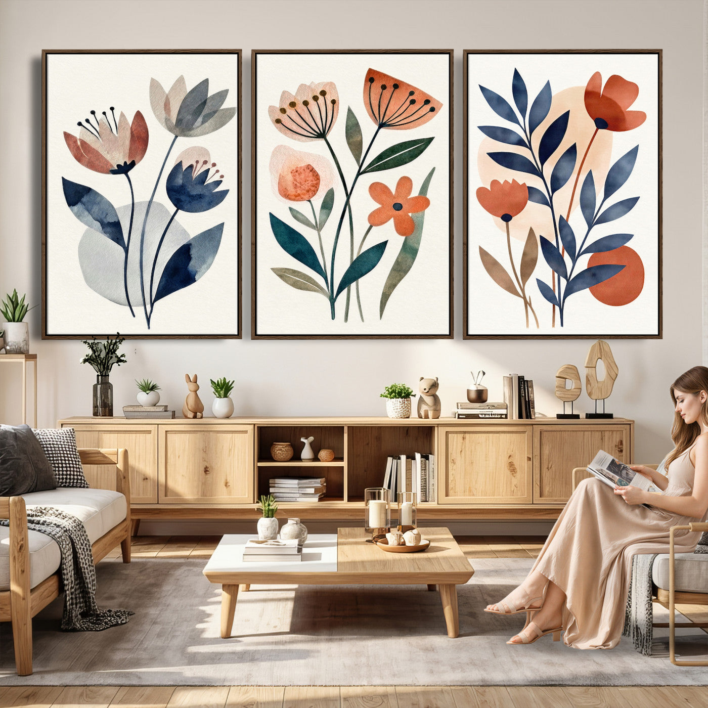 Watercolor Botanical Canvas Wall Art Set, Navy Terracotta