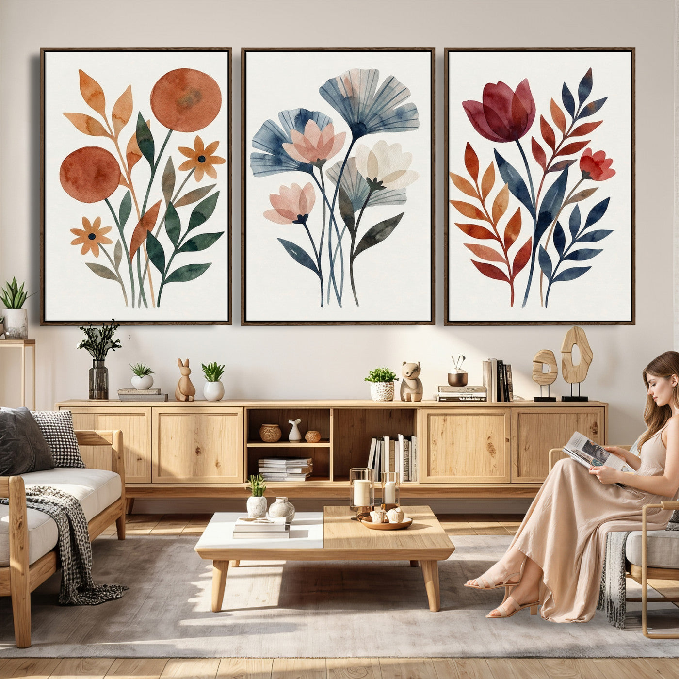 Watercolor Botanical Canvas Wall Art Set, Navy Terracotta