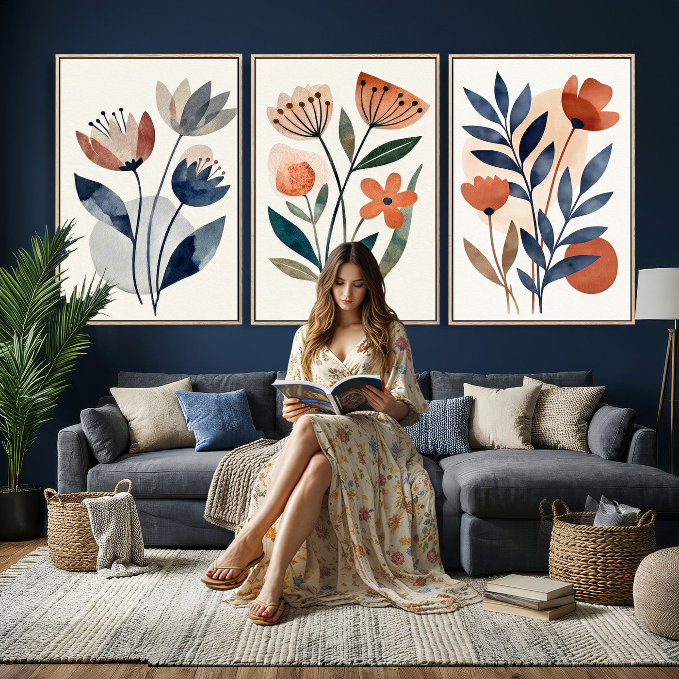 Watercolor Botanical Canvas Wall Art Set, Navy Terracotta
