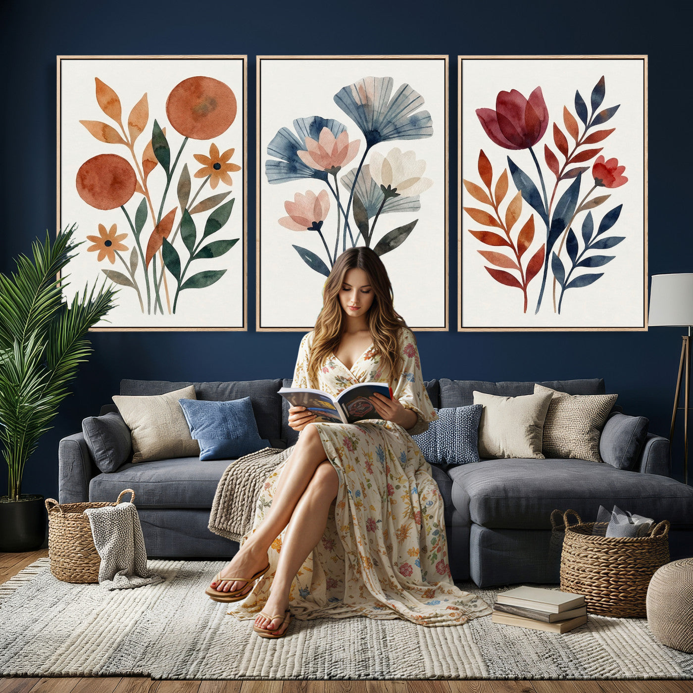 Watercolor Botanical Canvas Wall Art Set, Navy Terracotta