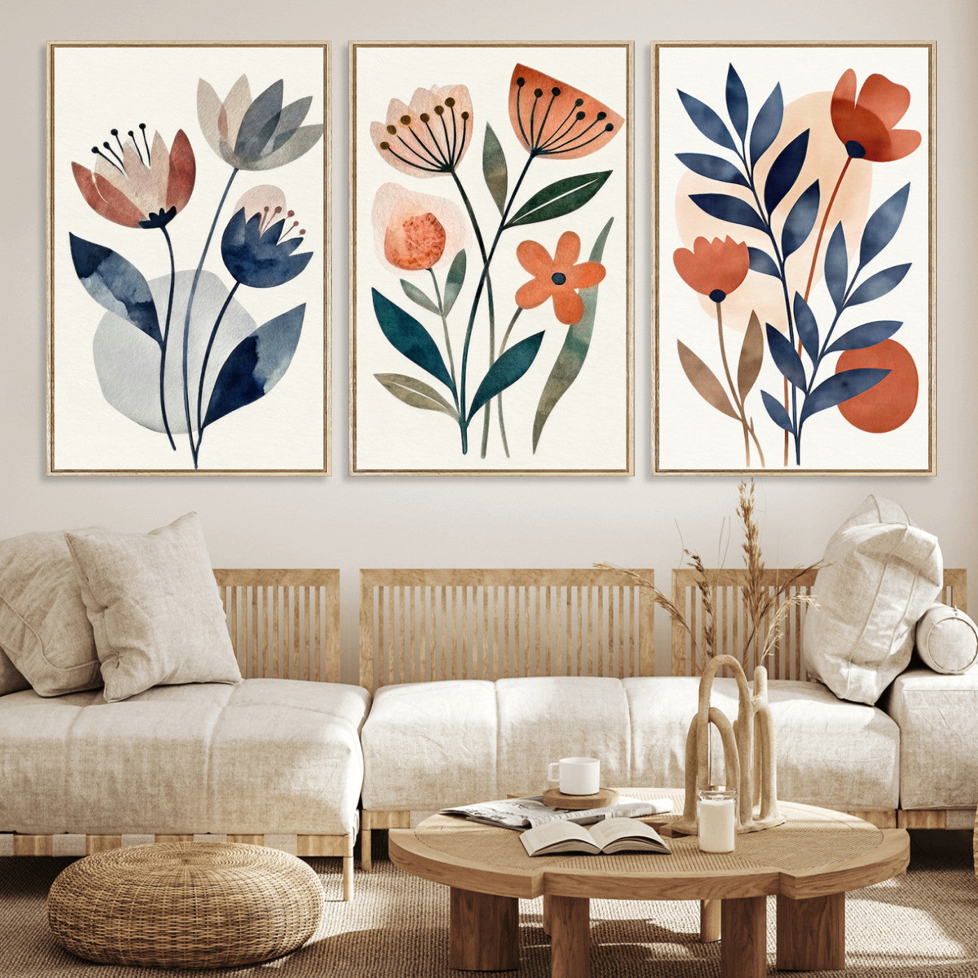 Watercolor Botanical Canvas Wall Art Set, Navy Terracotta