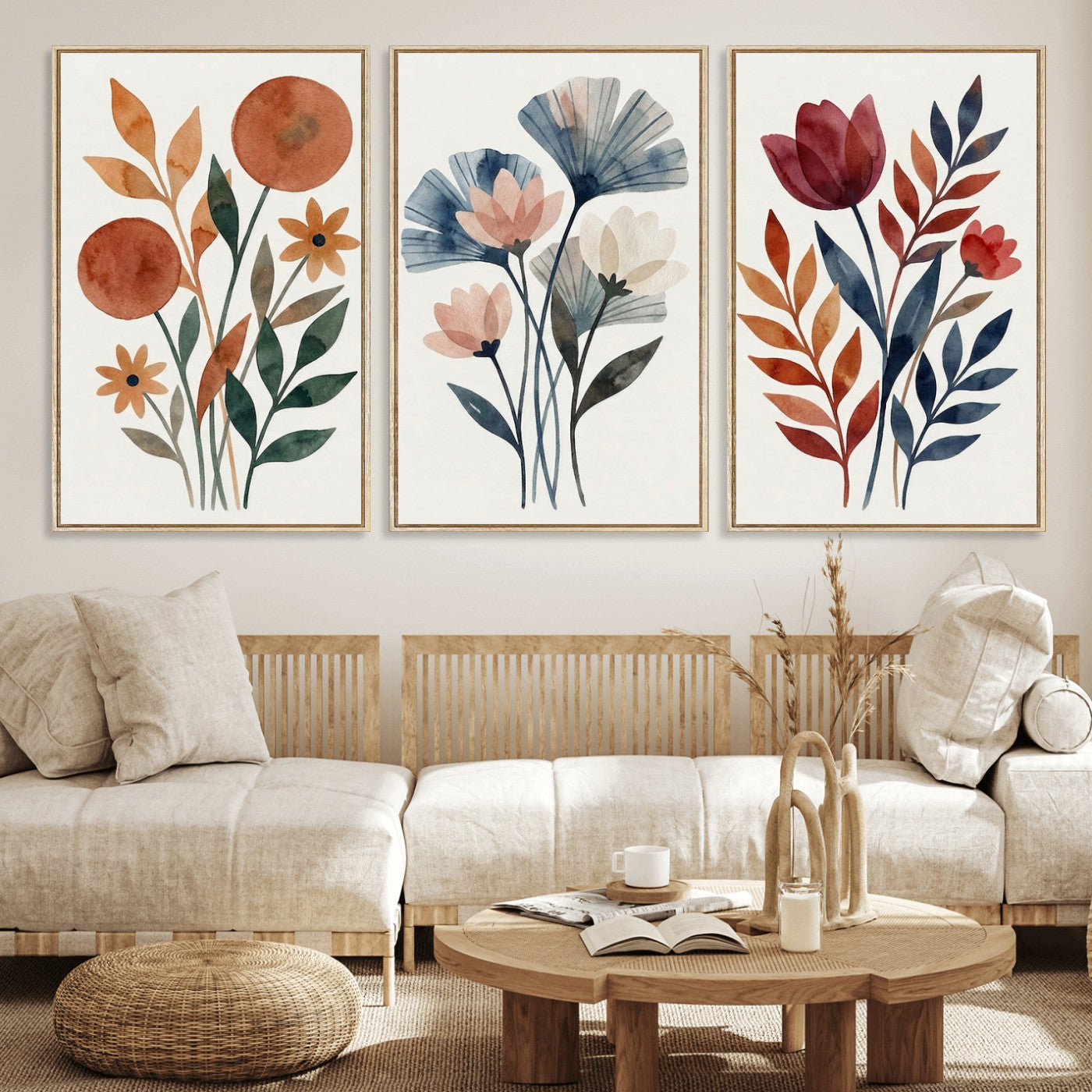 Watercolor Botanical Canvas Wall Art Set, Navy Terracotta