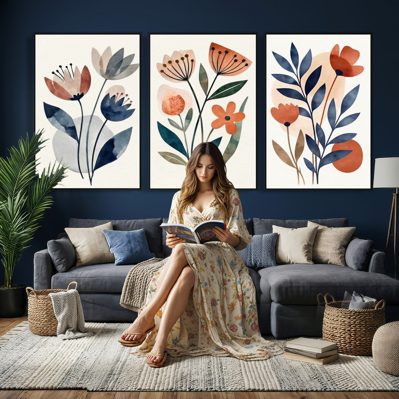 Watercolor Botanical Canvas Wall Art Set, Navy Terracotta