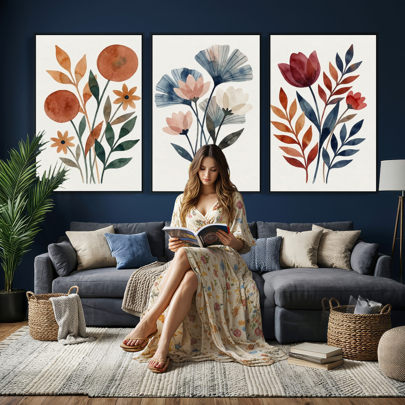 Watercolor Botanical Canvas Wall Art Set, Navy Terracotta