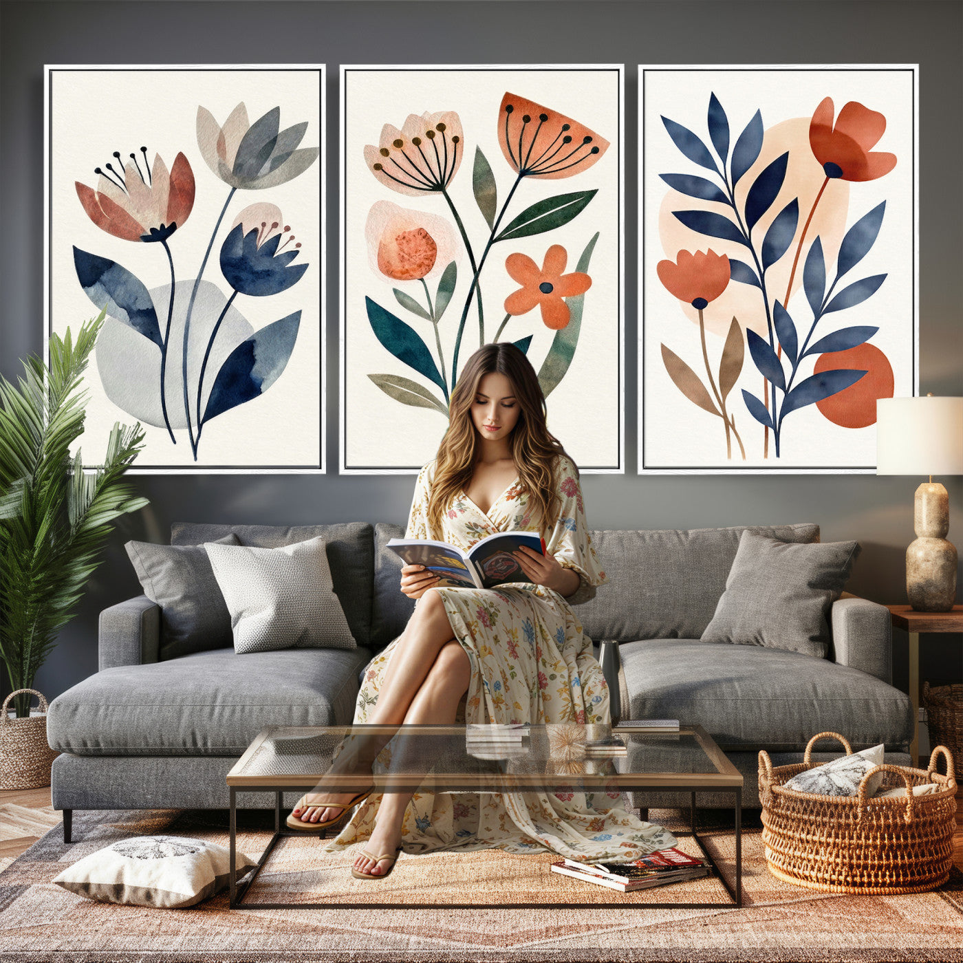 Watercolor Botanical Canvas Wall Art Set, Navy Terracotta