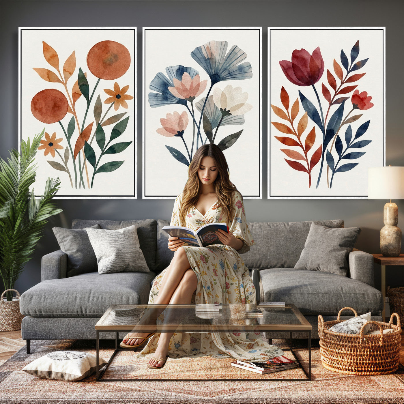 Watercolor Botanical Canvas Wall Art Set, Navy Terracotta