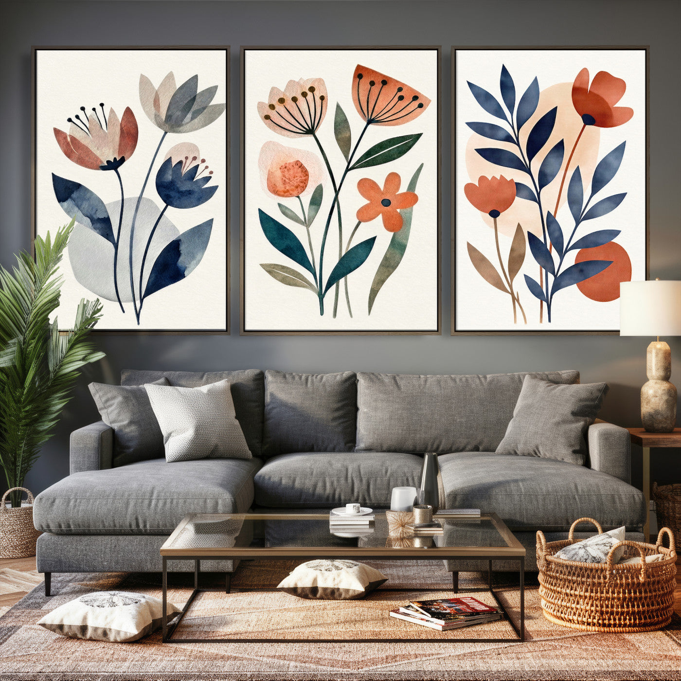 Watercolor Botanical Canvas Wall Art Set, Navy Terracotta