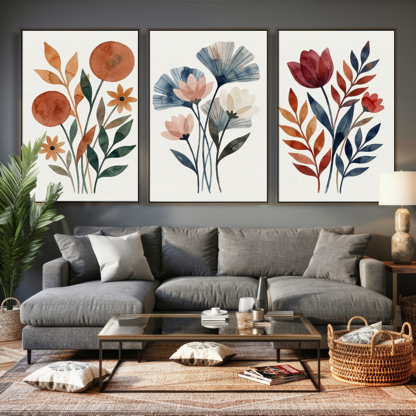 Watercolor Botanical Canvas Wall Art Set, Navy Terracotta