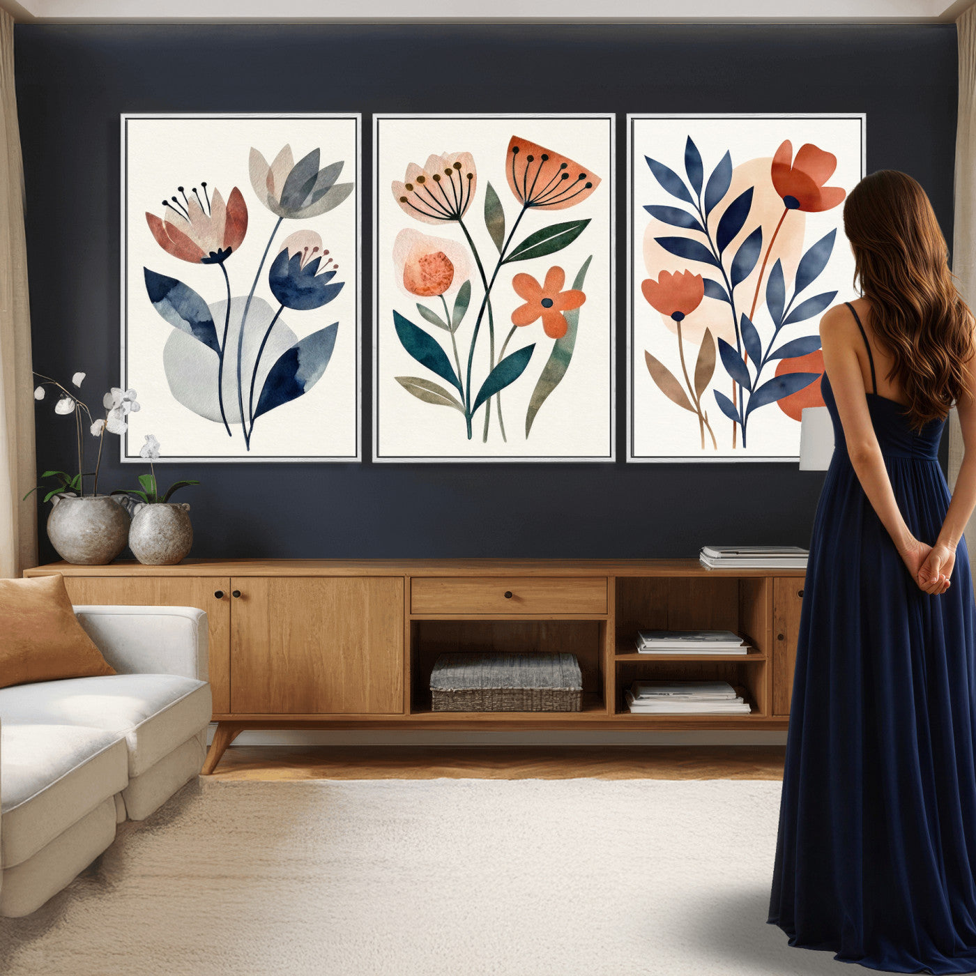 Watercolor Botanical Canvas Wall Art Set, Navy Terracotta