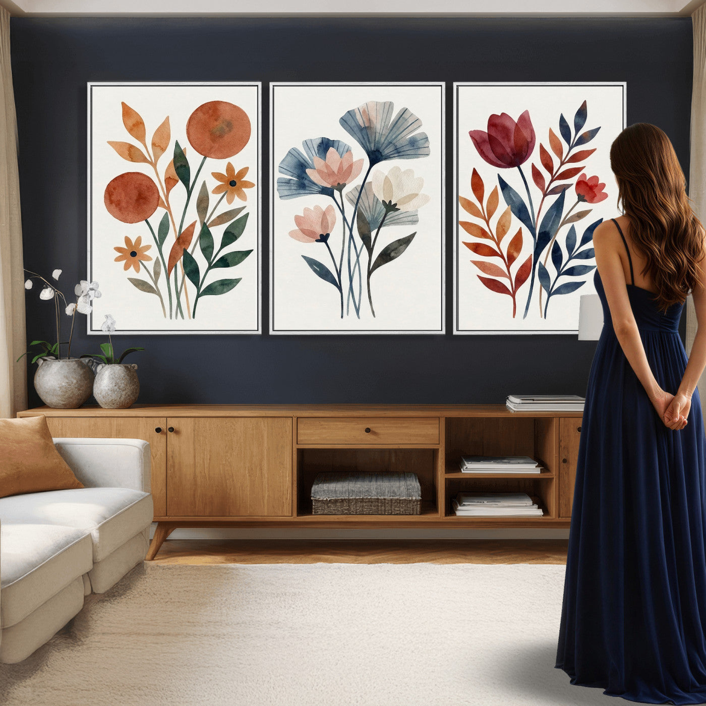 Watercolor Botanical Canvas Wall Art Set, Navy Terracotta