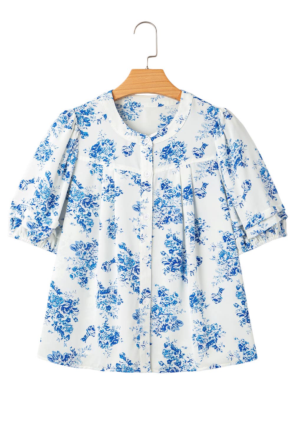 BOHO Floral Pleated Puff Sleeve Button Up Shirt