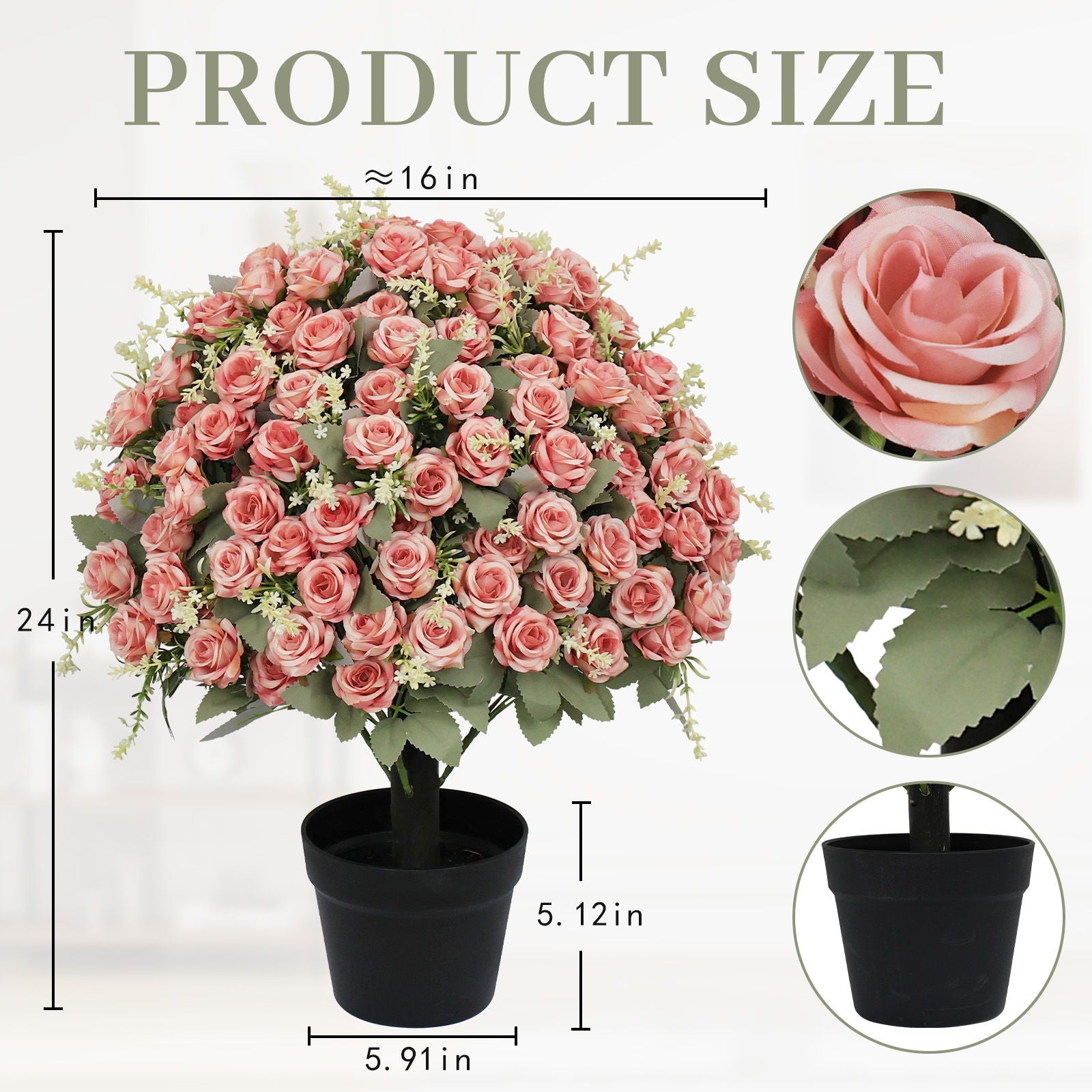 Artificial Rose Decoration With UV Resistant Silk Petals, Durable Stems In Cement Pot, Indoor Outdoor Potted Floral Arrangement - Green / Pink