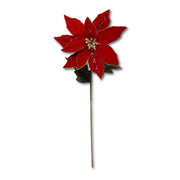 Red Velvet Poinsettia Stem w/Sequins Gold Trim & Center - 30 Inch